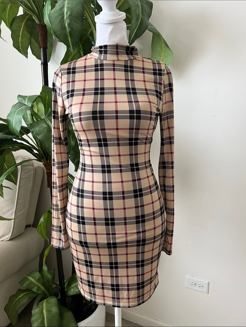 Plaid Long Sleeve Bodycon Dress in Beige